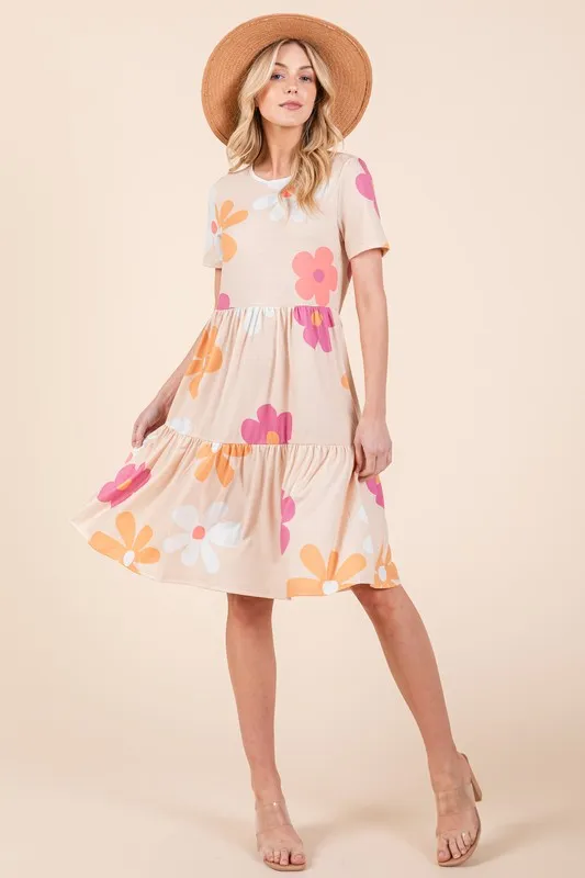 Floral Round Neck Short Sleeve Tiered Dress - Apricot