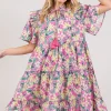 Floral Ruffle Short Sleeve Dress - Pink