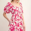 Floral Short Sleeve Mini Dress - Hot Pink