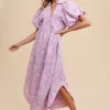 Floral Smock Detail Puff Sleeve Dress - Pink Purple