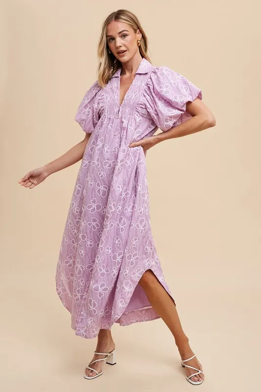 Floral Smock Detail Puff Sleeve Dress - Pink Purple