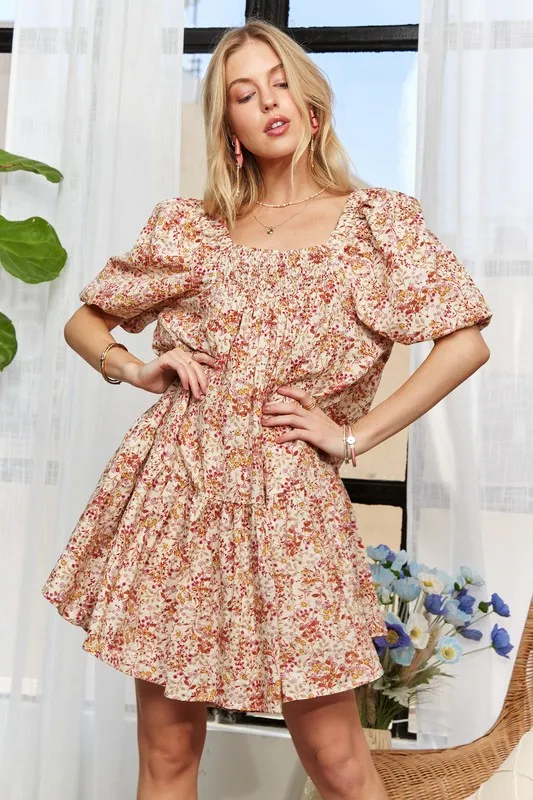 Floral-Square-Neck-Puff-Sleeve-Dress-Orange-1