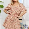 Floral Square Neck Puff Sleeve Dress - Orange
