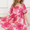 Floral Square Neck Puff Sleeve Mini Dress - Hot Pink