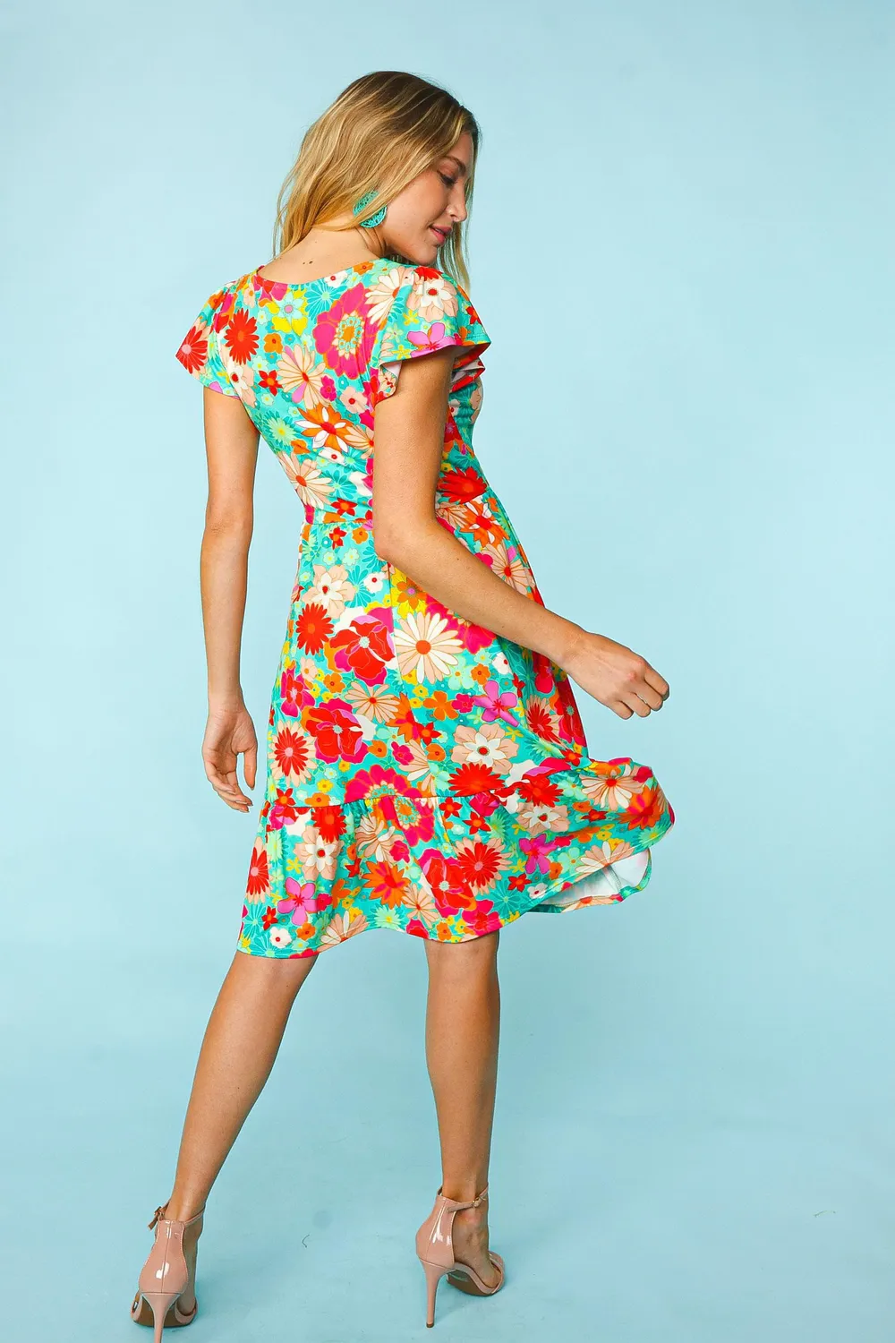 Floral-Square-Neck-Short-Sleeve-Dress-FuchsiaMint-2