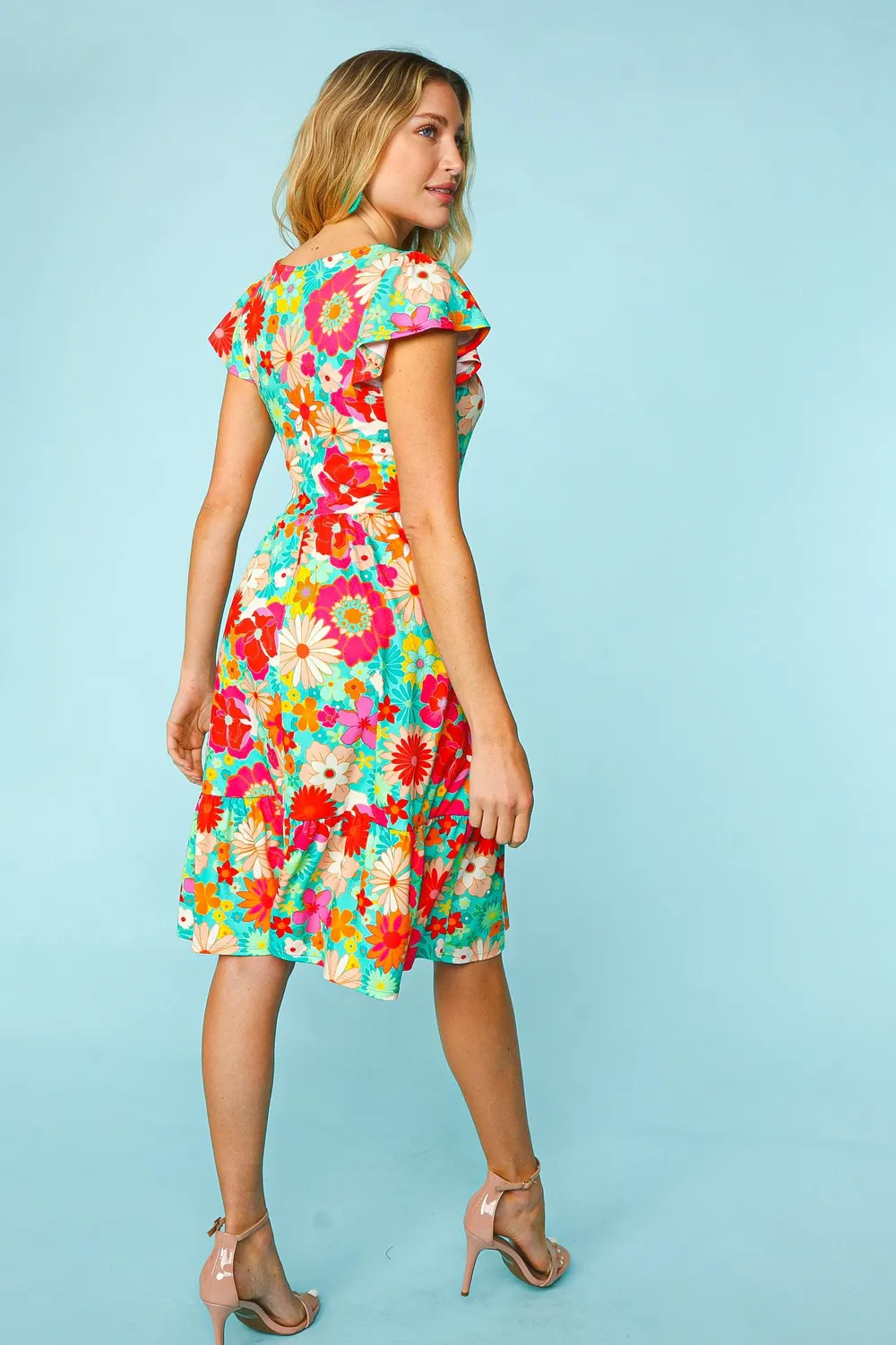 Floral-Square-Neck-Short-Sleeve-Dress-FuchsiaMint-3