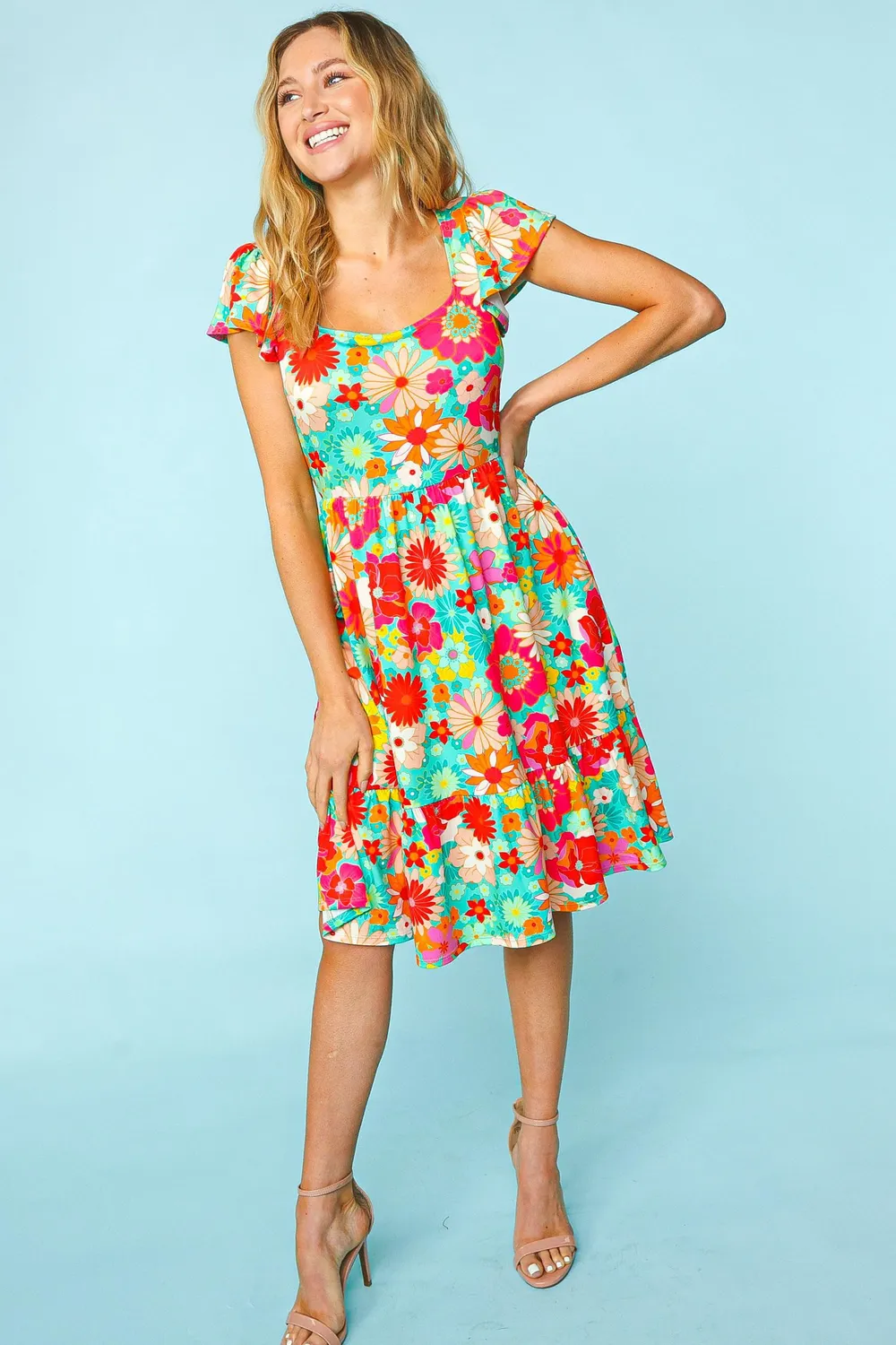 Floral-Square-Neck-Short-Sleeve-Dress-FuchsiaMint-4