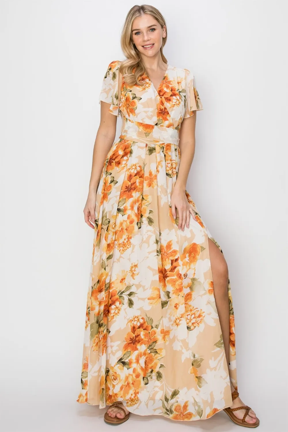 Floral Tie Back Short Sleeve Slit Maxi Dress - Orange