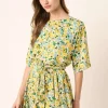Floral Tie Waist Half Sleeve Mini Dress - Yellow Combo