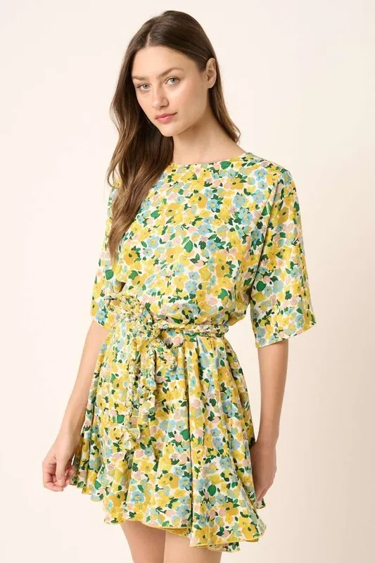 Floral Tie Waist Half Sleeve Mini Dress - Yellow Combo