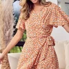 Floral Tied Short Sleeve Mini Wrap Dress - Tangerine