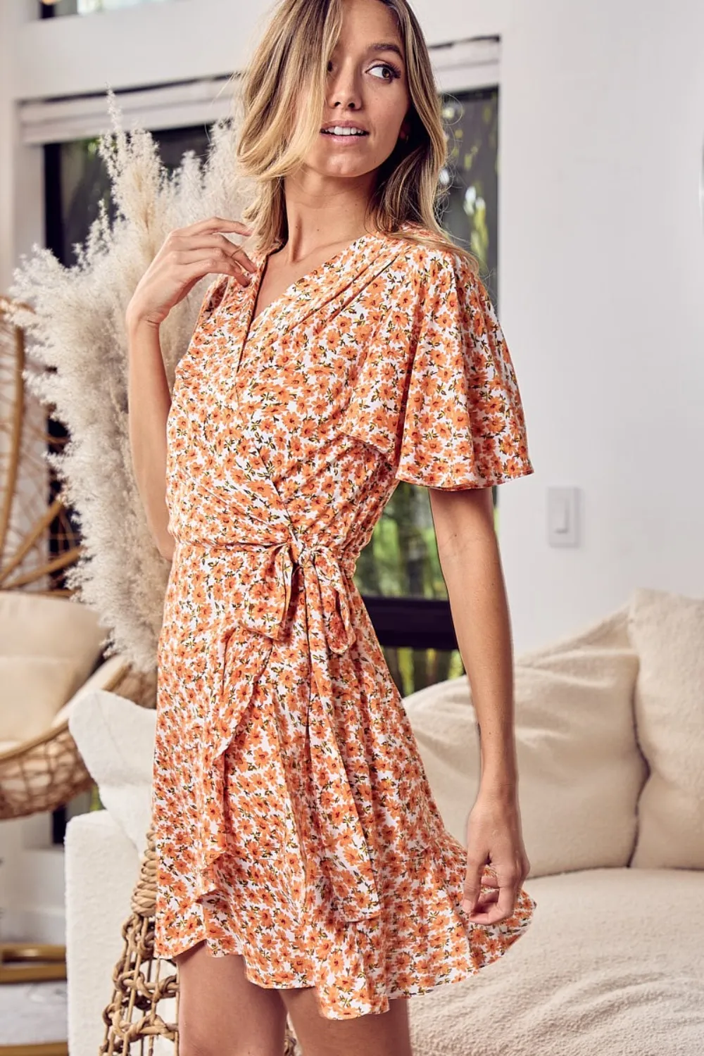 Floral-Tied-Short-Sleeve-Mini-Wrap-Dress-Tangerine-2