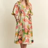 Floral V-Neck Puff Sleeve Midi Dress - Natural Multicolor