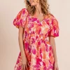 Floral V-Neck Puff Sleeve Mini Dress - Orange/Fuchsia