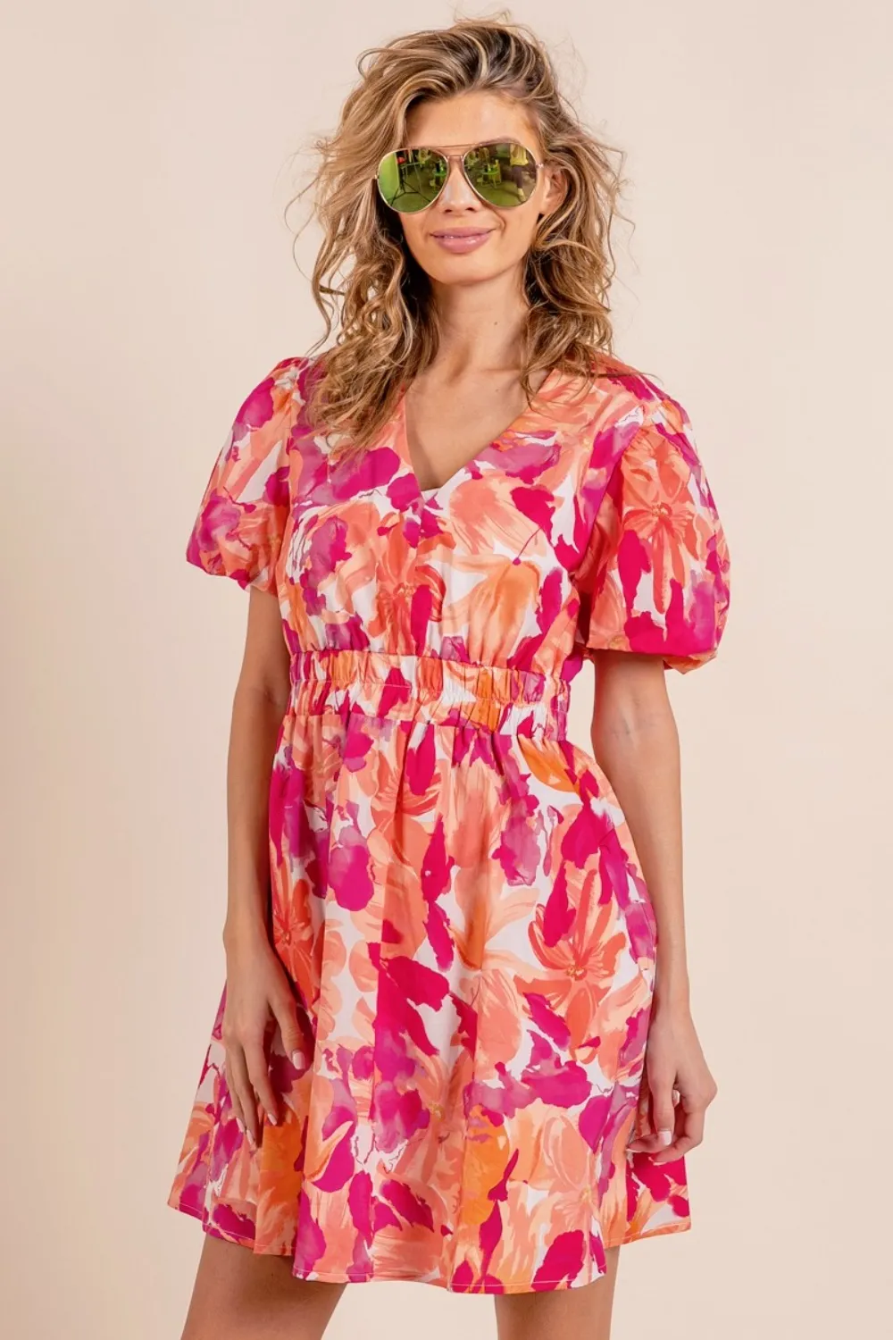 Floral-V-Neck-Puff-Sleeve-Mini-Dress-OrangeFuchsia-2