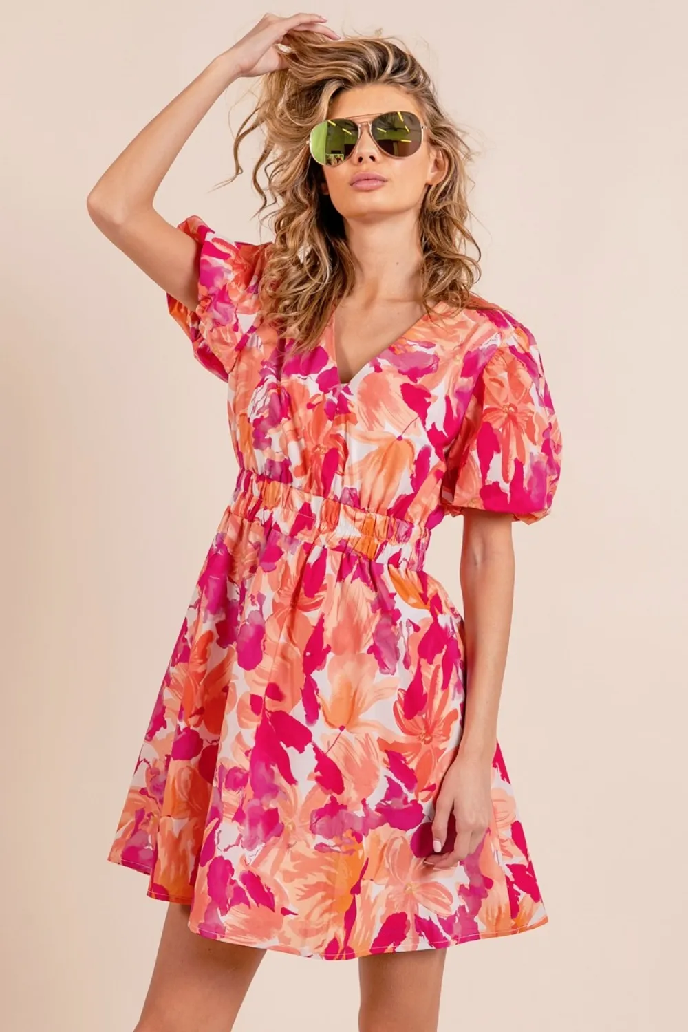 Floral-V-Neck-Puff-Sleeve-Mini-Dress-OrangeFuchsia-3