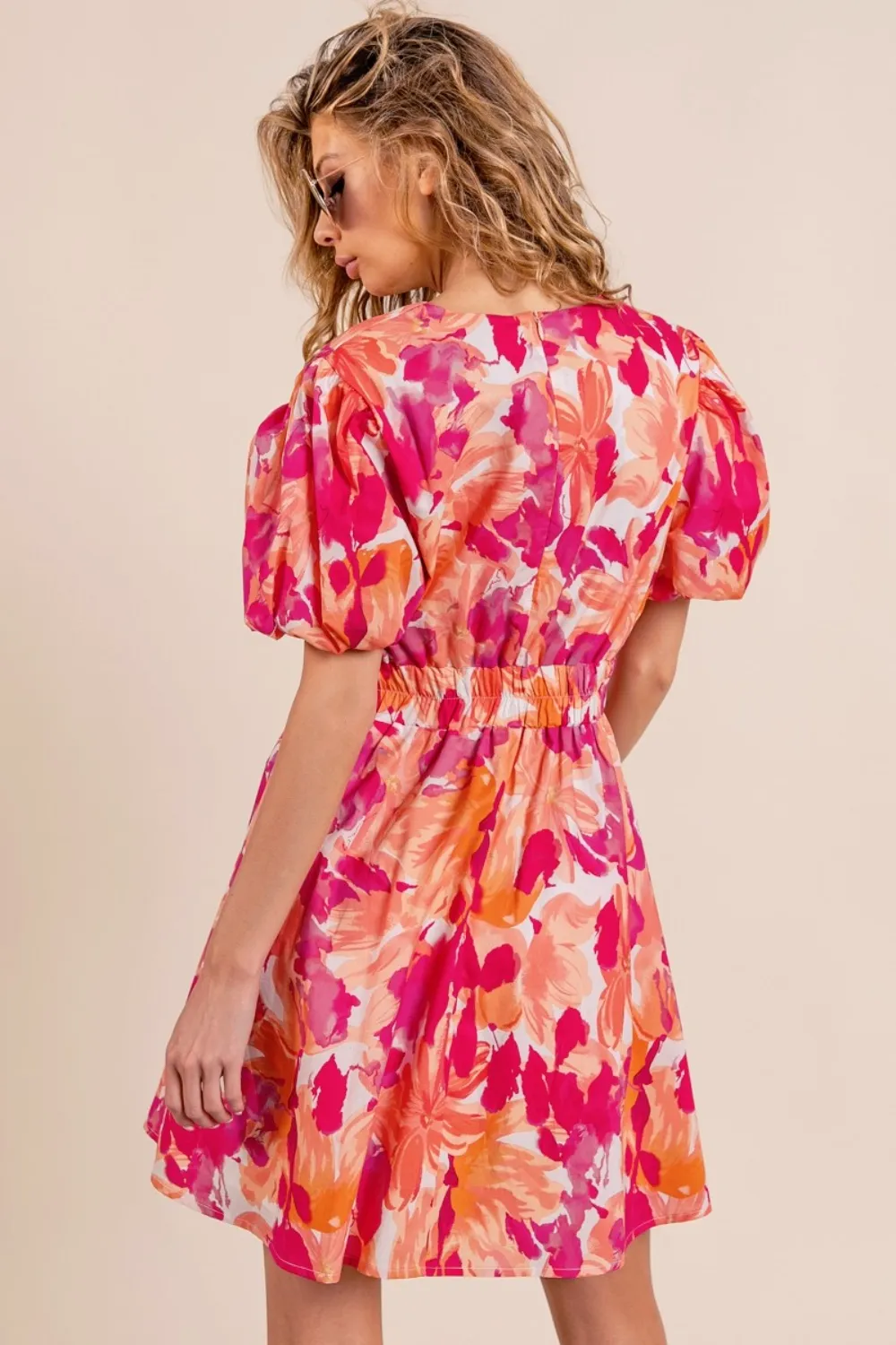 Floral-V-Neck-Puff-Sleeve-Mini-Dress-OrangeFuchsia-4