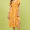 Flower Print Flutter Sleeve Smocked Midi Dress - Gold