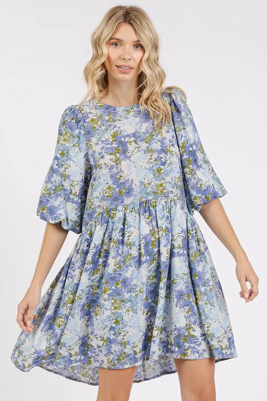 Flower Print Linen Blend Babydoll Mini Dress - Blue