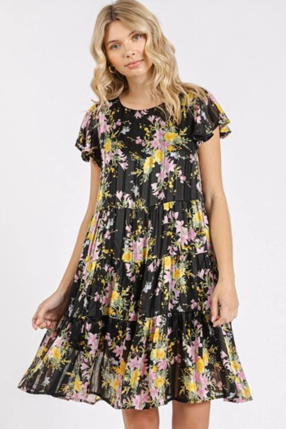 Flower-Print-Round-Neck-Flutter-Sleeve-Tiered-Dress-Black-1