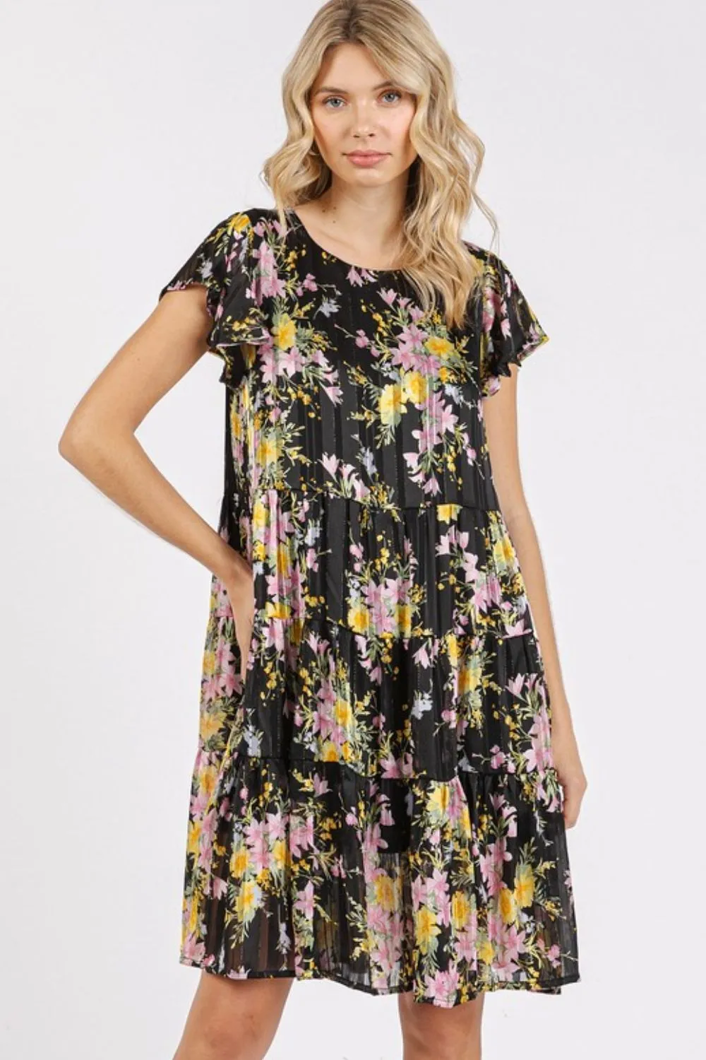 Flower-Print-Round-Neck-Flutter-Sleeve-Tiered-Dress-Black-2