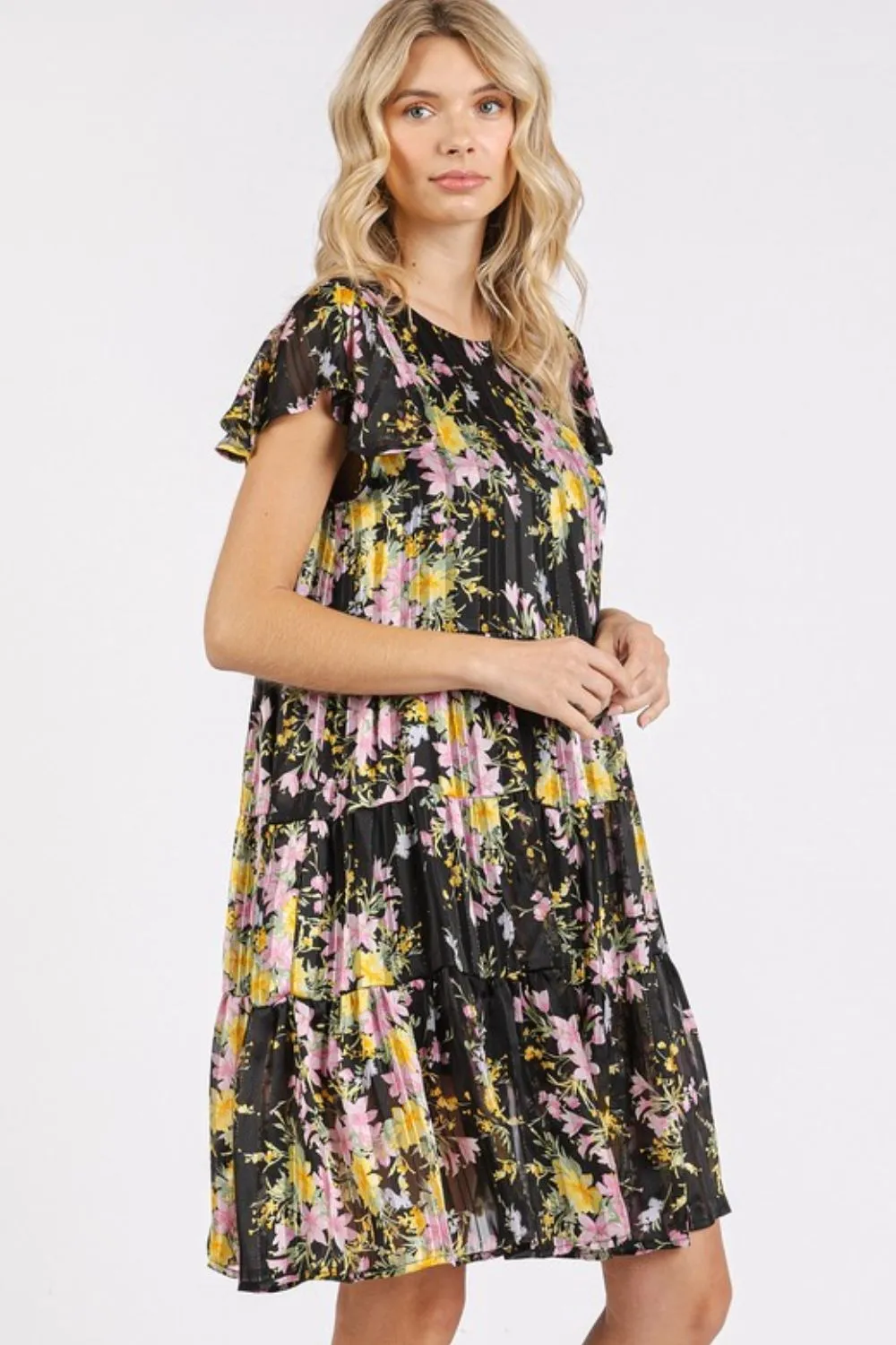 Flower-Print-Round-Neck-Flutter-Sleeve-Tiered-Dress-Black-3
