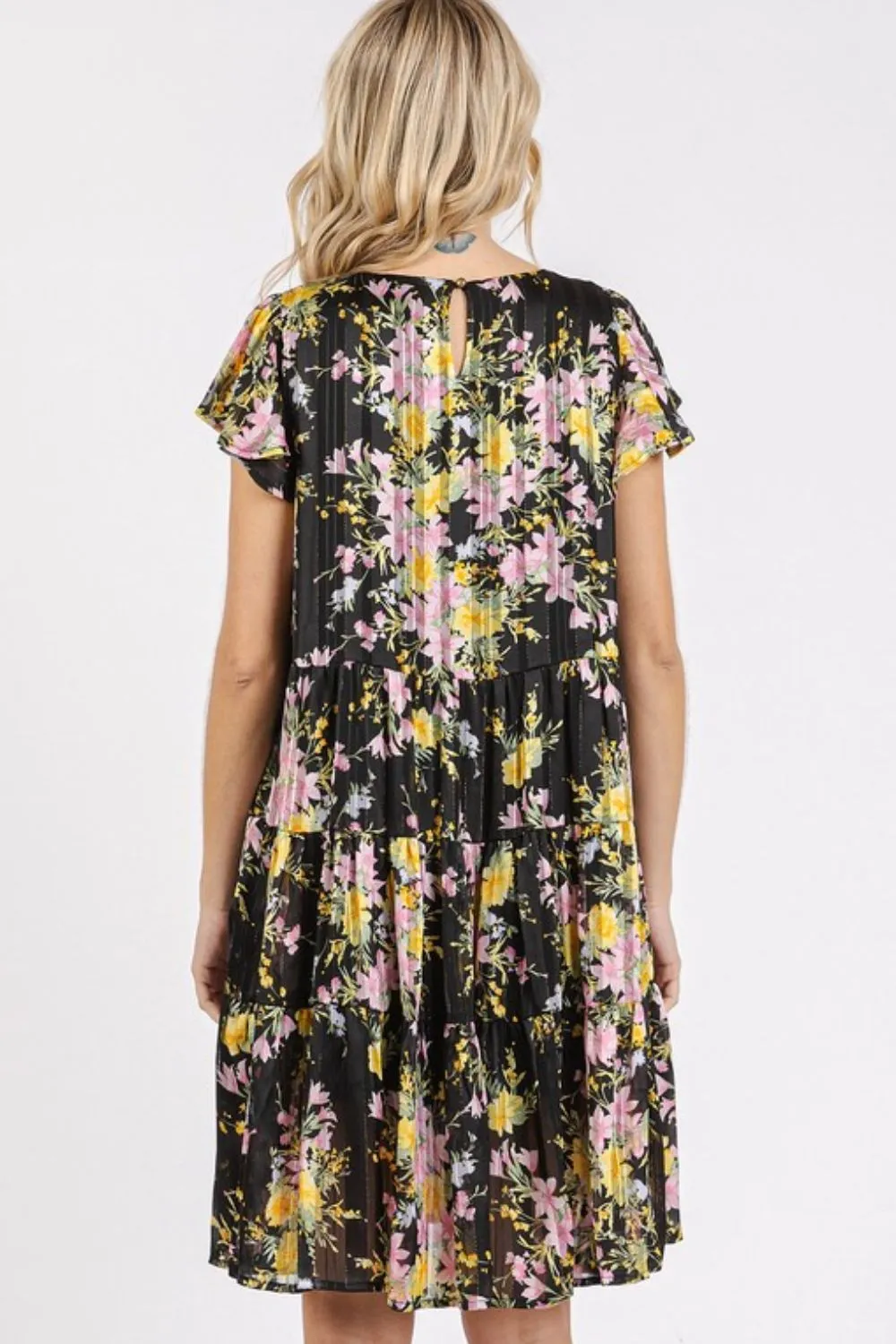 Flower-Print-Round-Neck-Flutter-Sleeve-Tiered-Dress-Black-4