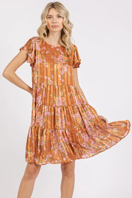 Flower-Print-Round-Neck-Flutter-Sleeve-Tiered-Dress-Caramel-2