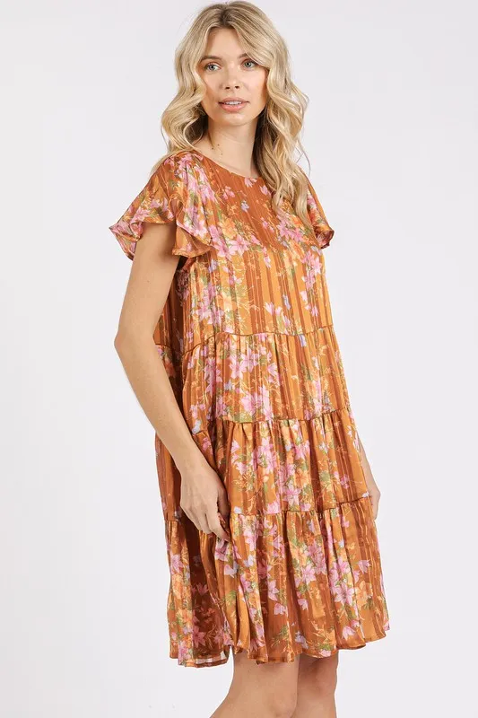 Flower-Print-Round-Neck-Flutter-Sleeve-Tiered-Dress-Caramel-3