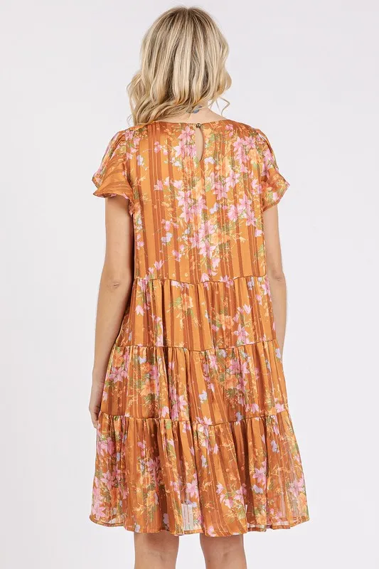 Flower-Print-Round-Neck-Flutter-Sleeve-Tiered-Dress-Caramel-4