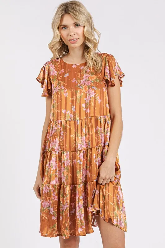 Flower-Print-Round-Neck-Flutter-Sleeve-Tiered-Dress-Caramel Flower Print Round Neck Flutter Sleeve Tiered Dress - Caramel