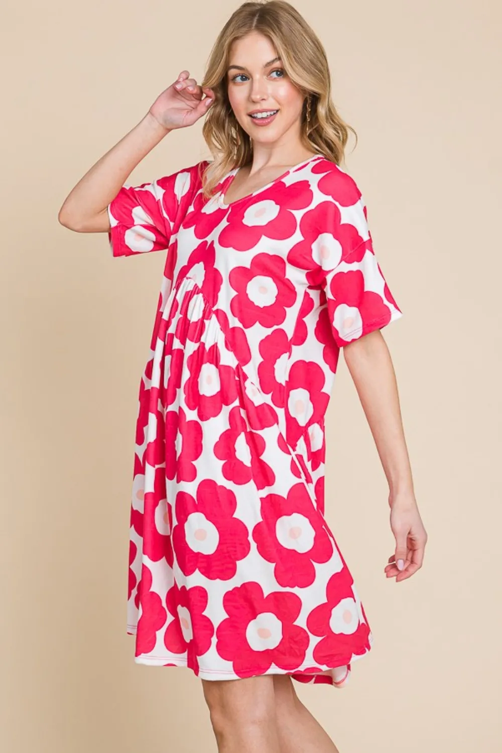 Flower-Print-Ruched-Dress-Fuchsia-4