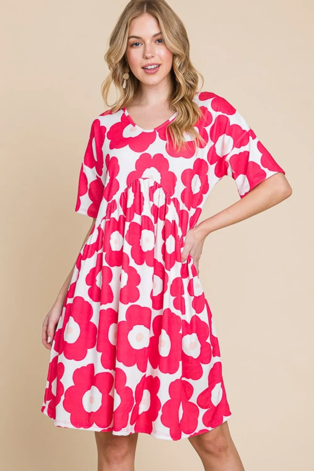 Flower Print Ruched Dress - Fuchsia
