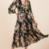 Flower Print Satin Lurex Stripe Smocked Midi Dress - Black