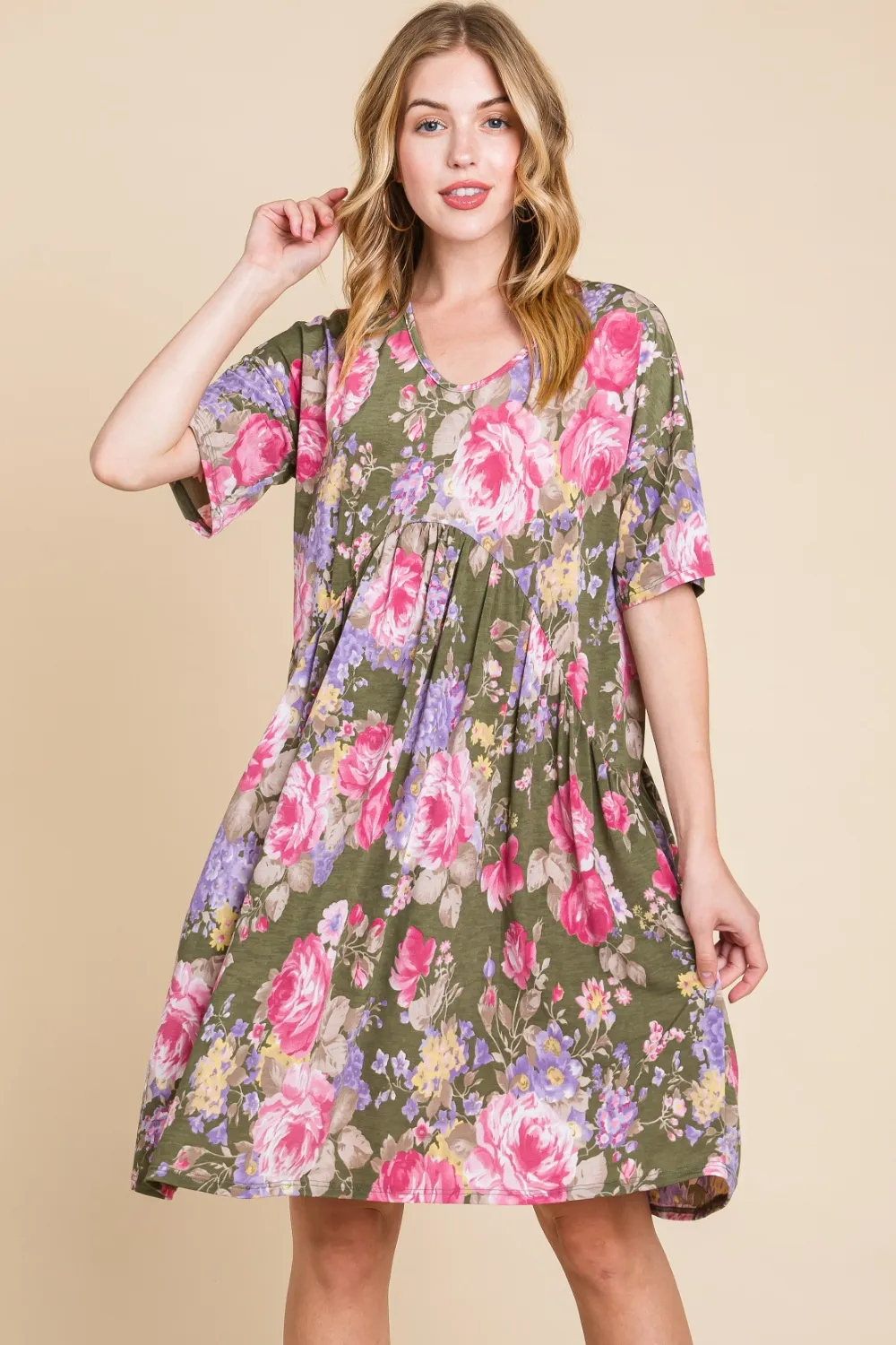 Flower Print V-Neck Ruched Dress - Floral