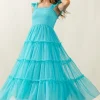 Frill Mesh Tiered Midi Dress - Aqua