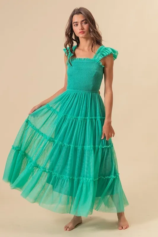 Frill-Mesh-Tiered-Midi-Dress-Turquoise Frill Mesh Tiered Midi Dress - Turquoise
