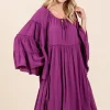 Frill Tie Neck Bell Sleeve Dress - Red-Violet