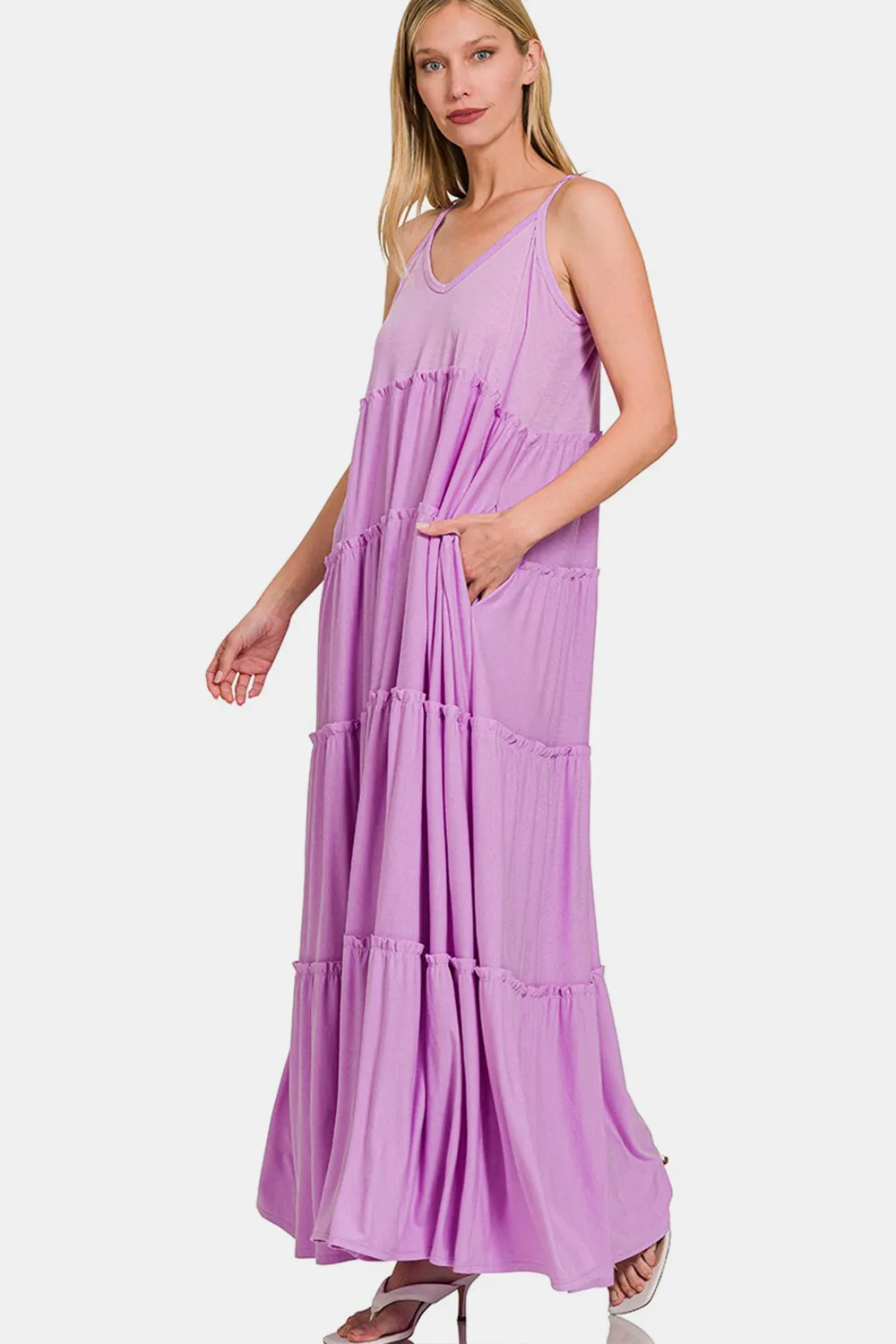 Frill Tiered V-Neck Maxi Cami Dress - Blavender
