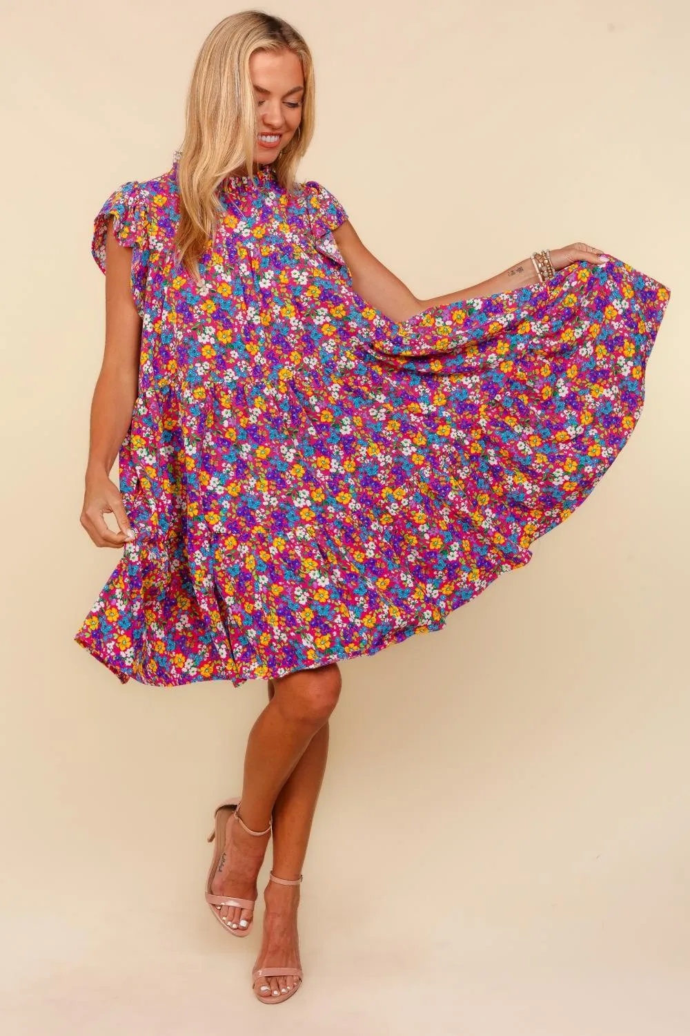 Frilled-Mock-Neck-Ditsy-Floral-Dress-Fuchsia-3