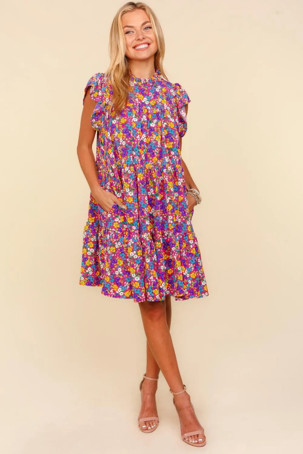 Frilled-Mock-Neck-Ditsy-Floral-Dress-Fuchsia-4