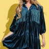 Fringe Detailed Velvet Shirt Dress - Teal