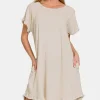 Fringe Edge High Low Flowy Dress with Pockets - Beige