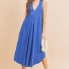 Front Pleat Detail V-Neck Sleeveless Midi Dress - Royal Blue