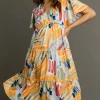 Full Size Abstract Print Flutter Sleeve Frill Tiered Midi Dress Plus Size - Tangerinemix