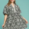 Full Size Abstract Print Puff Sleeve Dress Plus Size - Black