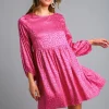 Full Size Animal Jacquard Print Long Sleeve Dress Plus Size - Hot Pink