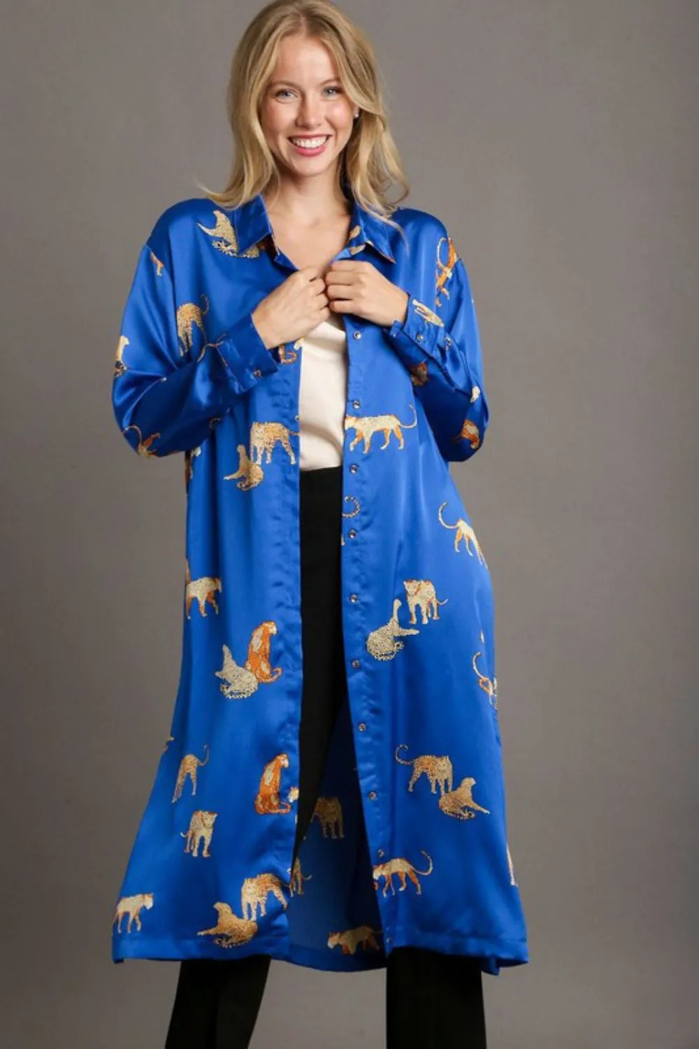 Full Size Animal Print Button Down Midi Shirt Dress Plus Size - Royal Blue