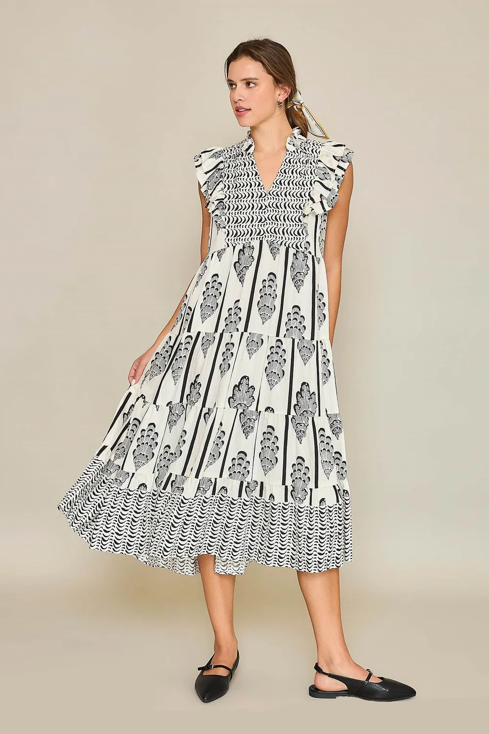 Full Size Boarder Print Midi Dress Plus Size - Cream/Black