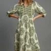 Full Size Border Print Tiered Midi Dress Plus Size - Matcha Green